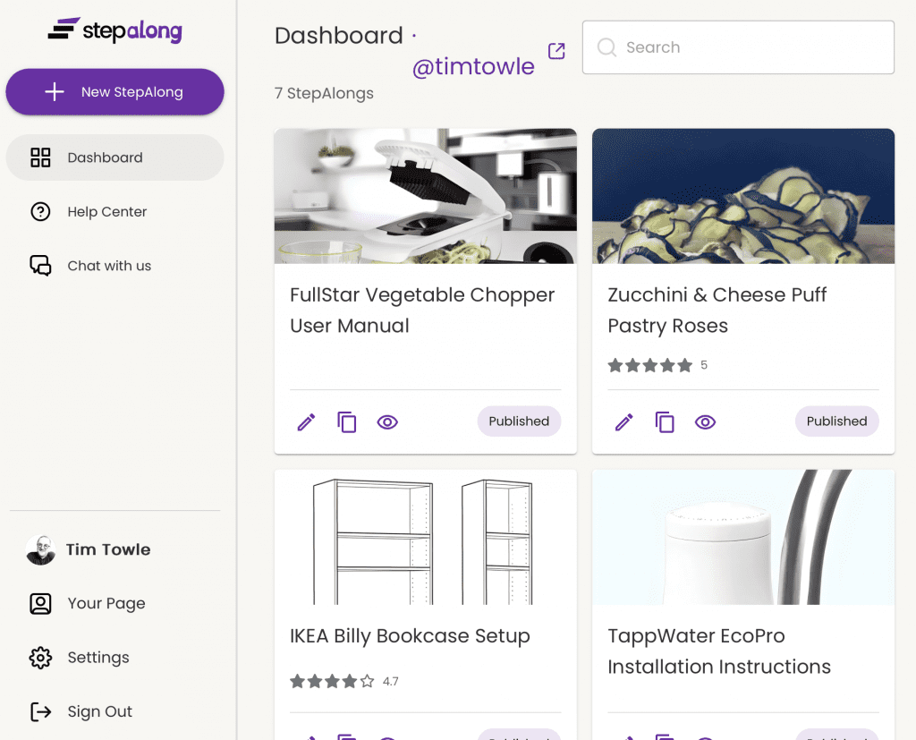 Navegación actualizada del StepAlong Builder.