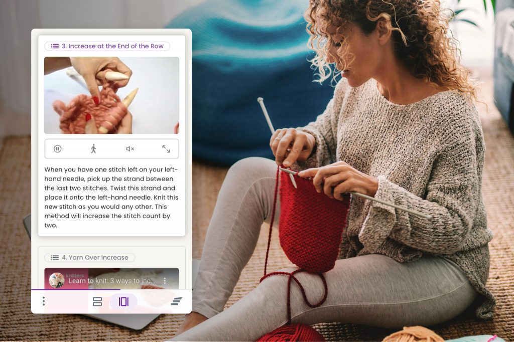 Eine Frau, die eine Strickanleitung auf einem Laptop verfolgt.