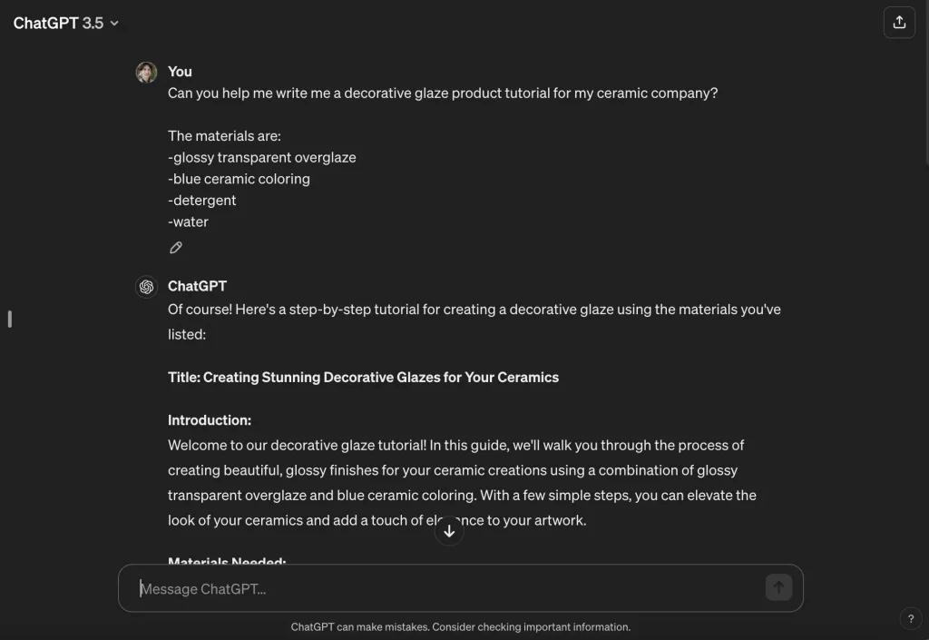 ChatGPT tutorial writing example