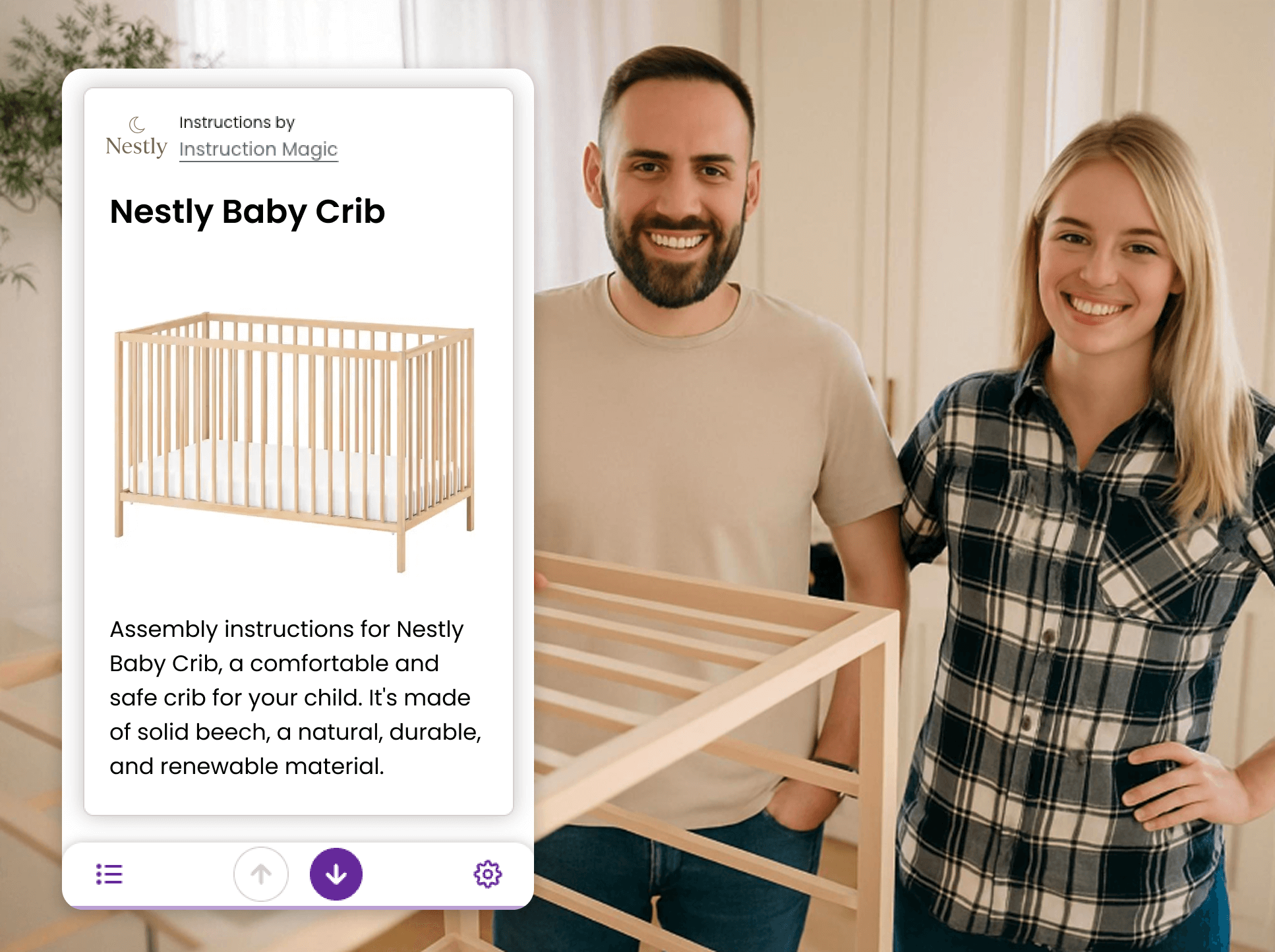 Una pareja sonriente de pie junto a una cuna de bebé parcialmente montada, con instrucciones digitales mostradas en una interfaz de tableta que muestra la cuna de bebé Nestly.