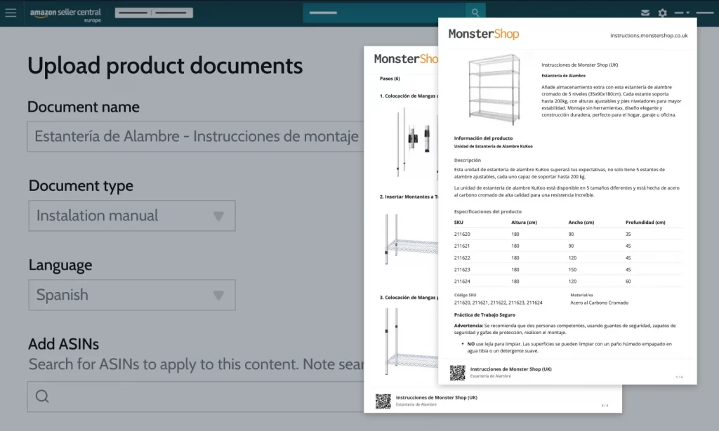 Screenshot of Amazon Seller Central uploading a translated Spanish instruction manual for a MonsterShop wire shelving unit (GPSR compliant).
