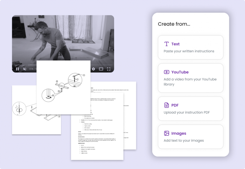 Create product instructions with IA from text, YouTube videos, PDF or images.